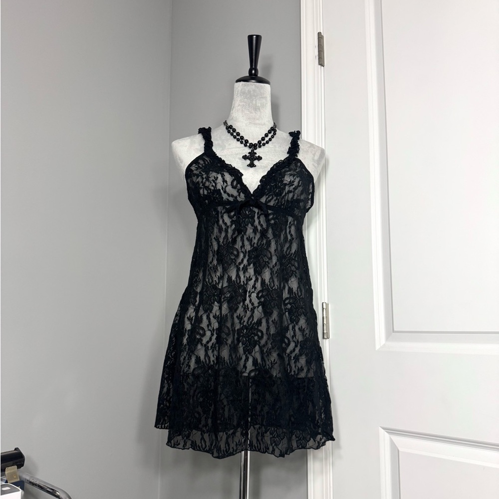 Y2K Smart & Sexy Black Floral Lace Babydoll Lingerie Dress